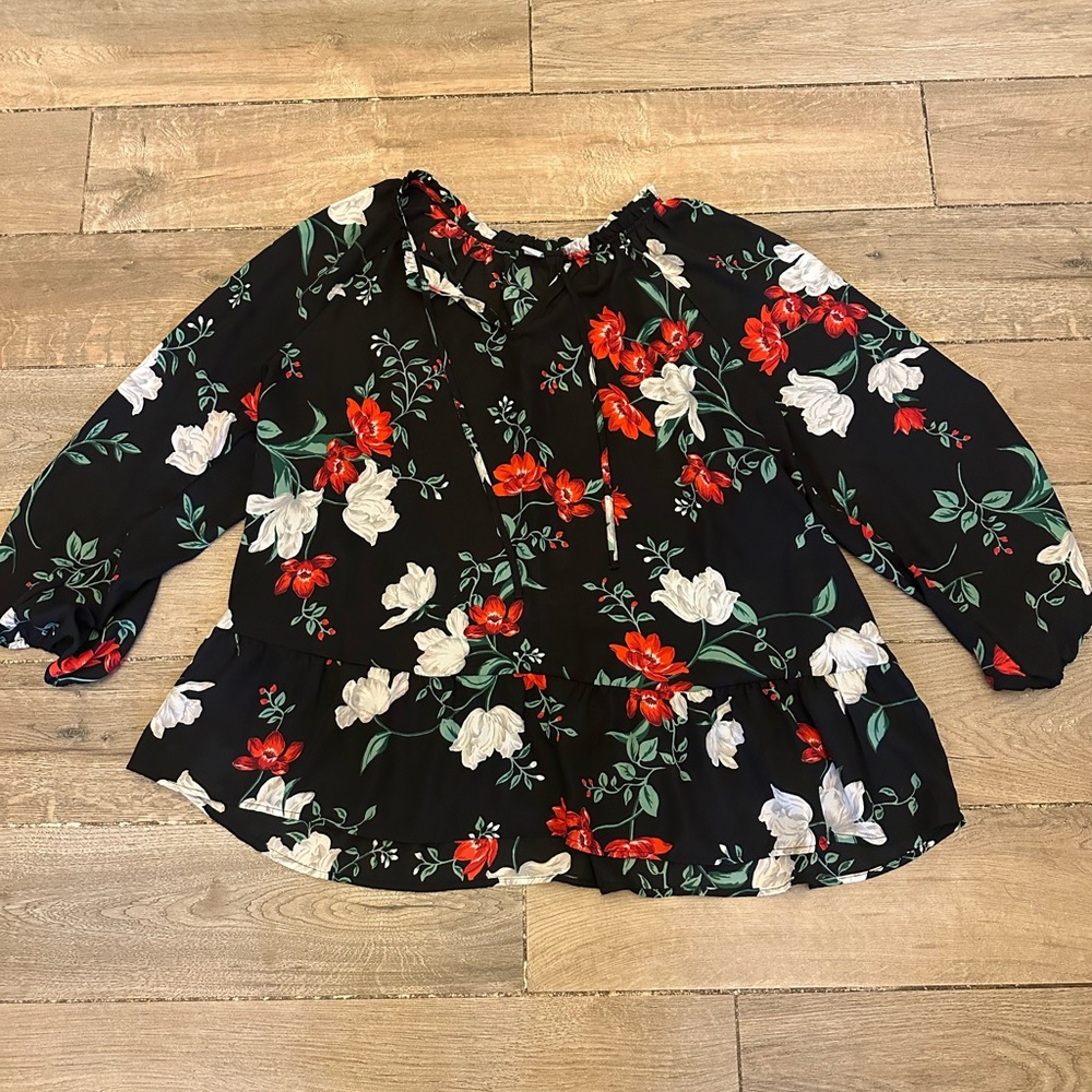 Old Navy Black Blouse with Red and White Floral Design